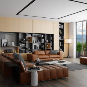 This elegant and spacious living room features a large, luxurious corner sofa in vibrant orange leather, creating a bold focal point. Flanking the room are shelves filled with a vast collection of books, adding a cozy yet sophisticated touch to the space. The hardwood parquet floor enhances the room’s warmth and character, complementing the modern aesthetic of the design. Large windows invite natural light into the room, making it a perfect blend of style and comfort for contemporary living.
This image is perfect for use in interior design inspiration, real estate marketing, home decor products, or luxury lifestyle content. It’s also ideal for showcasing modern living spaces, stylish furniture, and elegant home interiors in magazines, websites, or design portfolios.