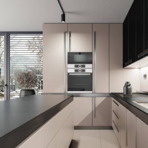 Modern and minimalist apartment interior kitchen. Kitchen with long island. Dark materials with beige matte details finish. Modern furniture. 3d renderings.