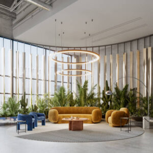 Creative office lobby in 3D. Computer-generated image of enviorment friendly office foyer.