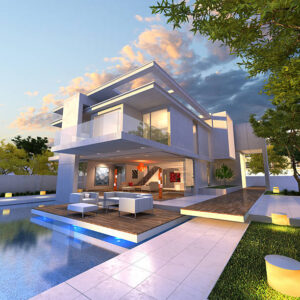 3D rendering of Impressive villa with pool, late afternoon